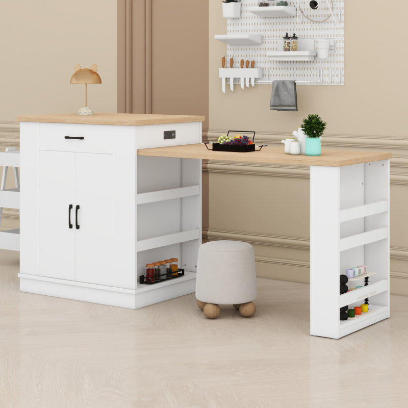 Extendable Island Console With Drawers, Cabinet & Open Shelving Multi-Functional Dining & Breakfast Bar Table