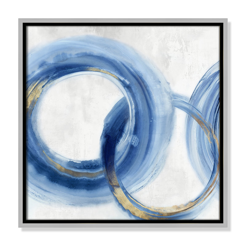 «Blue Cosmic Cascade II» par Emma Peal, Toile argentée avec cadre flottant, Pas de tapis, H 17,5 po x l 17,5 po x P 2 po