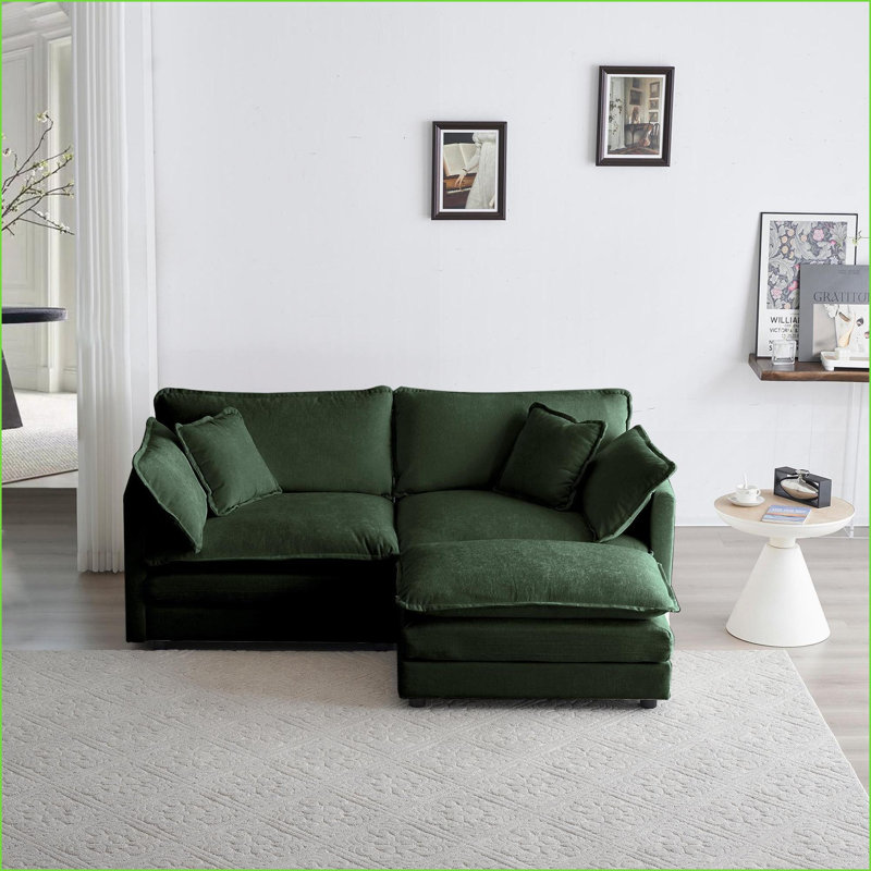 Canapé modulaire 2 places avec repose-pieds | Structure en bois massif | pour les petits espaces de vie | Vert sauge | Chenille