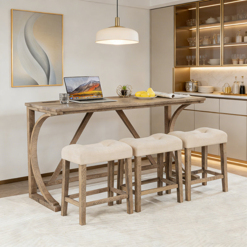 Ensemble de table de bar 4 pièces avec prise de courant et 3 tabourets rembourrés, Brun
