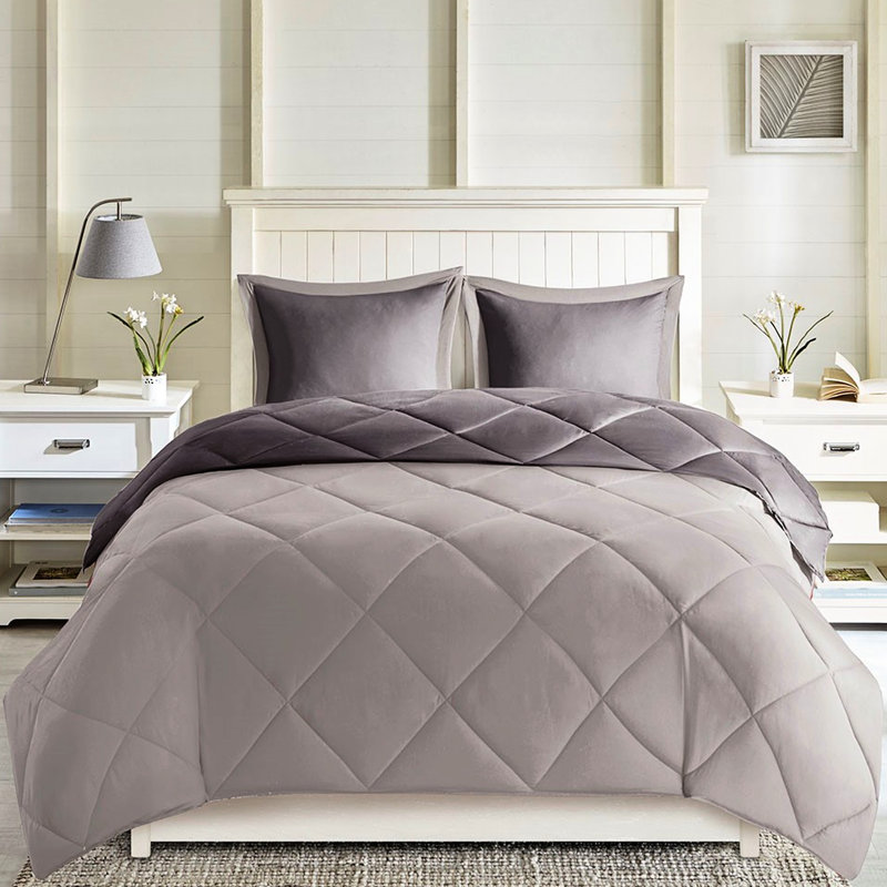 Édredon réversible en duvet synthétique et tissu respirant double / grand, Gris, Édredon double TG + 2 taies décoratives