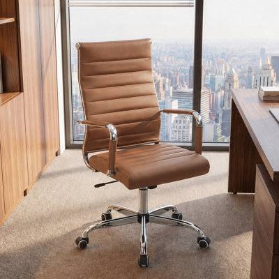 Mid Back Office Desk Chair, Conference Room Chairs with Wheels, Executive Leather Swivel Ribbed Height Adjustable  Rolling Chair.