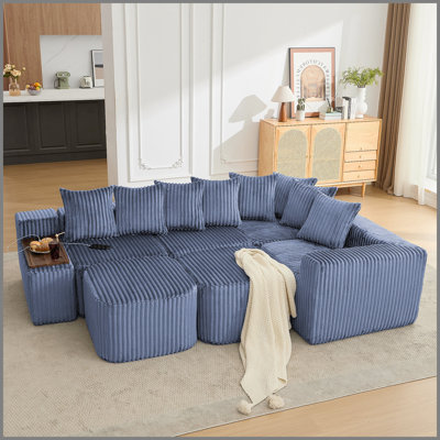 137.5" U Shaped Sofa , USB & Wireless Charge, Coffee Table Board With a Cup Holder, Oversize Movable Sofa,Movable Footstool,6 Seats,Corduroy,Blue