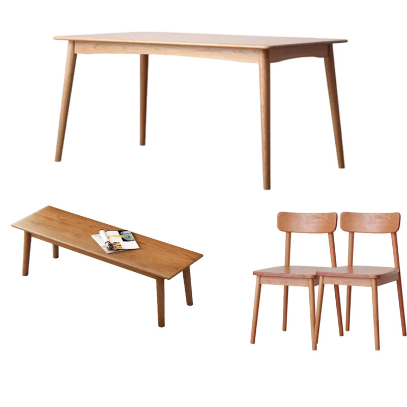Table rectangulaire en bois massif domestique simple, 4 pièces: table, 2 chaises, 1 banc, 29.52" H x 31.49" W x 70.86"D