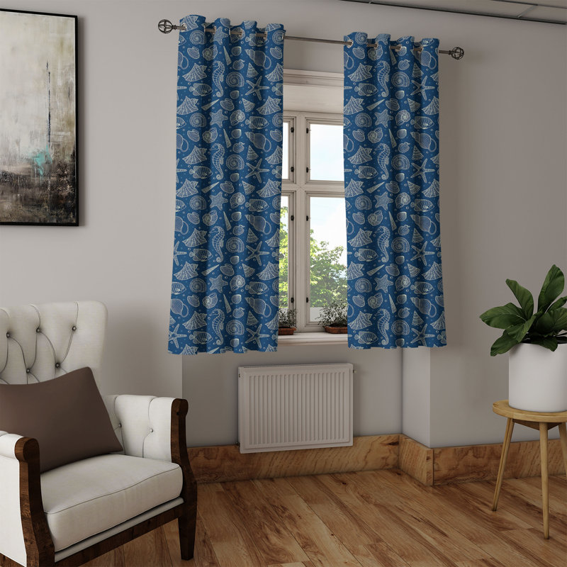 Rideau décoratif à 2 panneaux avec œillets East Urban Home Sea Shells, 50 po x 54 po, bleu foncé beige, L 50 po x L 54 po