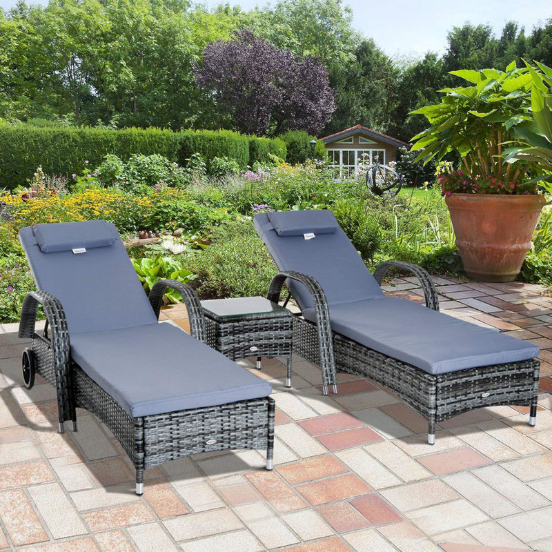 Stutler 200cm Long Reclining Chaise Lounge Set with Cushions and Table, Grey/Blue
