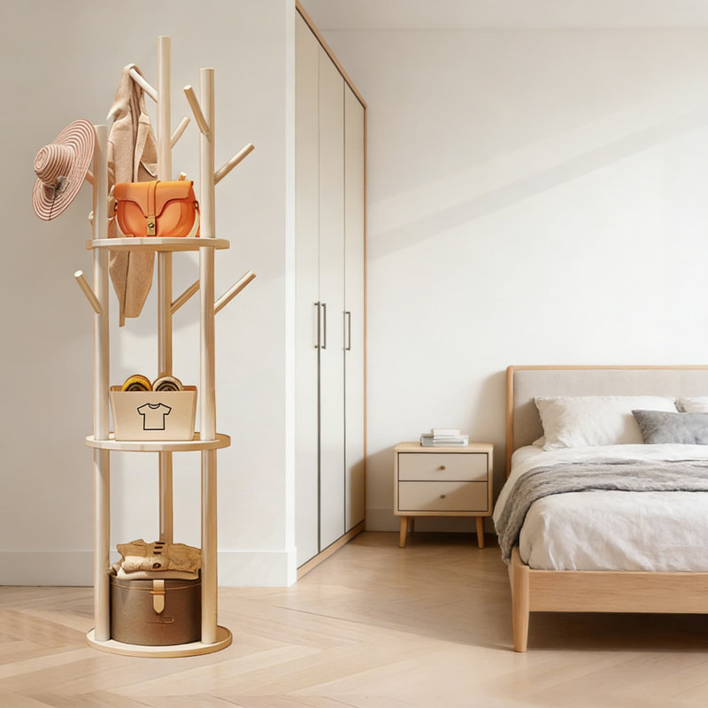 Freestanding Wood Coat Rack With 3 Shelves And 9 Hooks, Space-Saving Clothes Hanger Tree For Bedroom, Hallway, Entryway, And Office Organization
