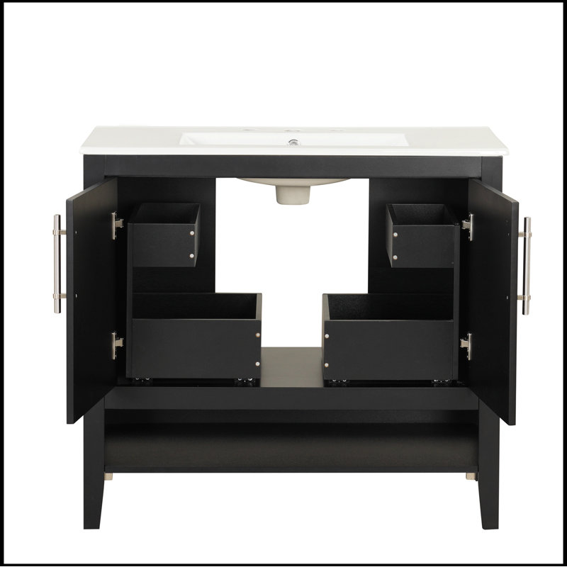 Meuble-lavabo simple 36 po avec plateau en céramique Denitza, armoire de salle de bain avec portes et tiroirs