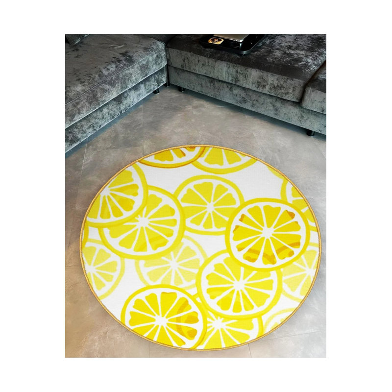 Woven Base Modern Decorative Carpet With Yellow Lemon Slices Detail, Round 3'4"