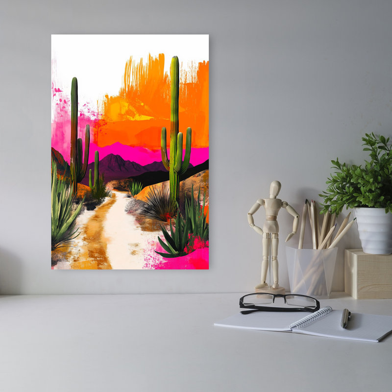 Mexican Life Mexican Desert 4 Colorful Vibrant Abstract Cactus City Landscape Wall Art Print 1 Piece Wrapped Canvas Wall Art