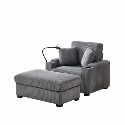 55" Oversized Chaise Lounge Chair Indoor With Ottoman And Storage, Comfy Corduroy Sleeper Chair With Cup Holder,Mobile Phone Stand&USB Charging Port , by Corrigan Studio
