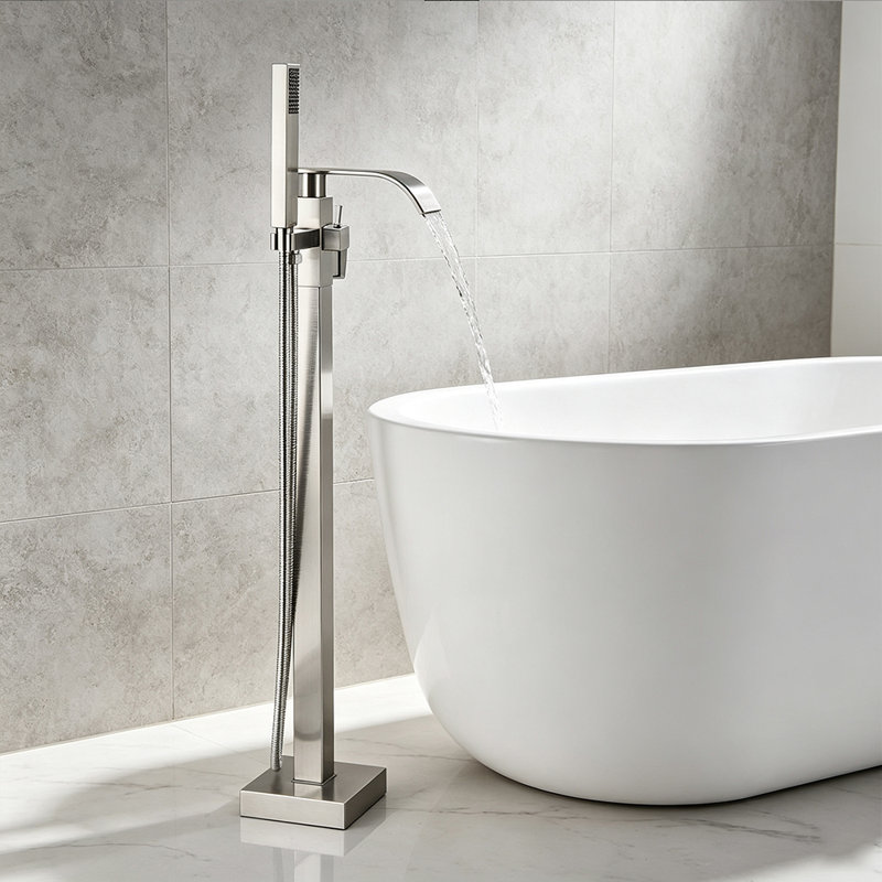 Robinet de baignoire autoportant en nickel brossé Mosson, robinet de baignoire carré à fixation au sol avec poignée à levier unique, sortie d'eau double et douche à main en laiton massif