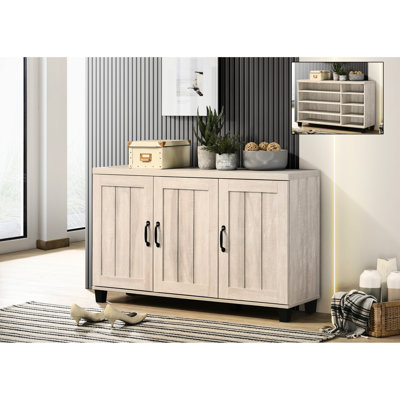 Meuble à chaussures 3 portes en chêne gris poussiéreux avec 6 étagères réglables et un design raffiné, 45 pouces, étagères, poignées en métal