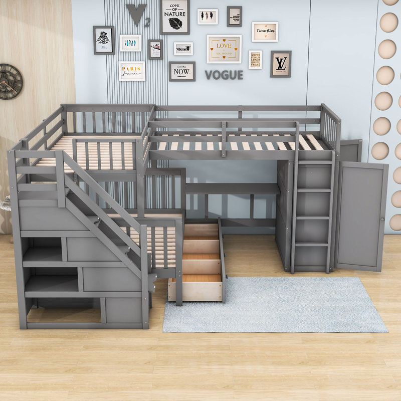 Januita 3 Drawer L-Shaped Bunk Beds with Shelves by Harriet Bee, Gray