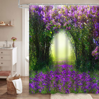 Spring Forest Garden Fantasy Fairy Tunnel Nature Lilac Tree Surreal Shower Curtain with 12 Hooks
