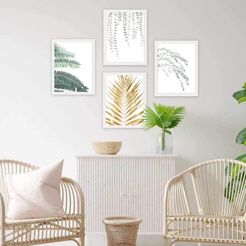 «Green Gold Forest», ensemble de 4 impressions murales collage sur feuilles, impression encadrée sur papier, 4 pièces, Blanc