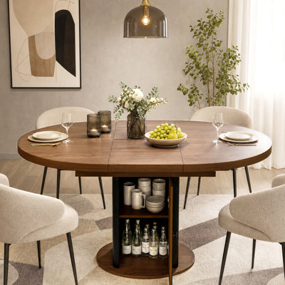 Table de salle à manger ronde extensible de 110 à 150 cm avec rangement dissimulé, style campagnard moderne, en bois de noyer, idéale pour la cuisine et le salon.