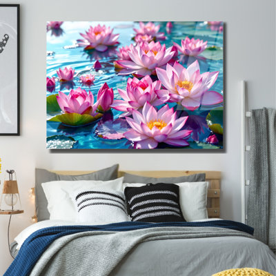 Pink Lotus Flowers On Water - Water Lily Tempered Glass Wall Art