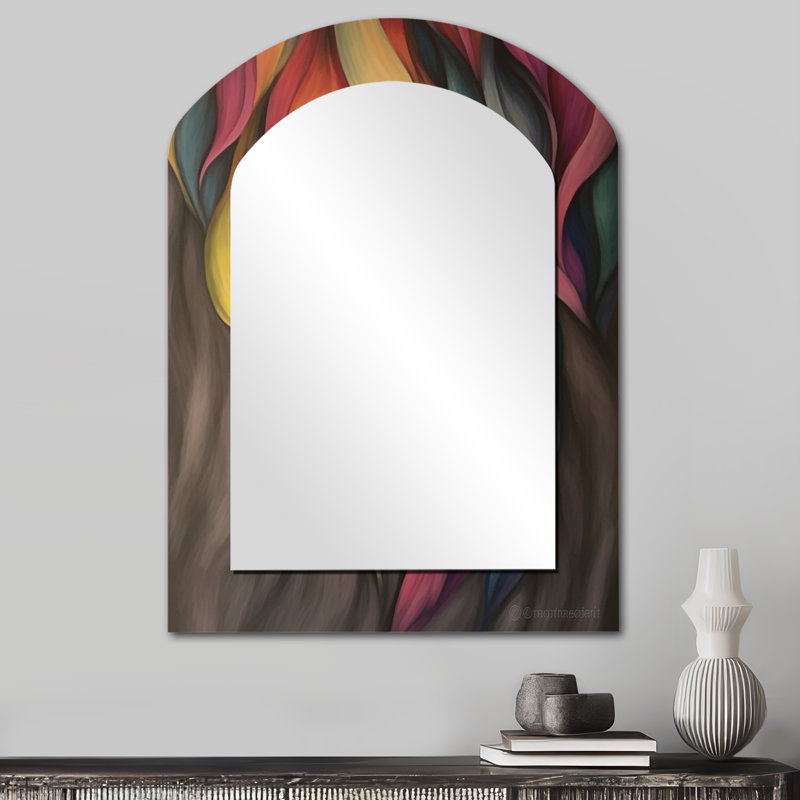 Aquarelle de feuilles pastel colorées rétro gris - peinture abstraite grand miroir asymétrique, décor de miroir mural unique arche moderne, impression d'art en métal
