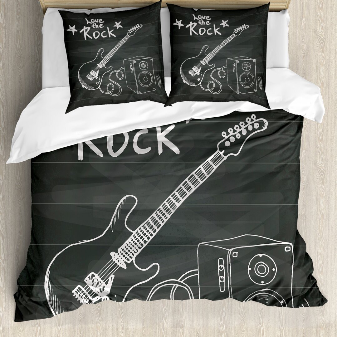 Bettbezug Set, Liebe Rockmusik Sketch, Gitarre, Charcoal Grau Weiß