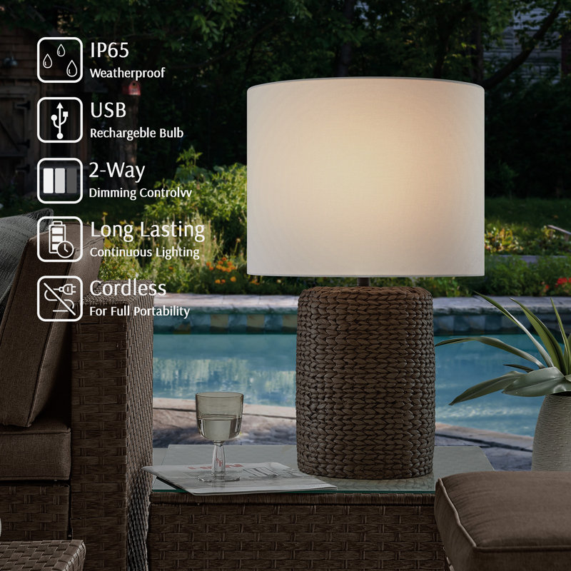 Cordless Brown Woven Seagrass Outdoor Table Lamp with Ivory Fabric Shade