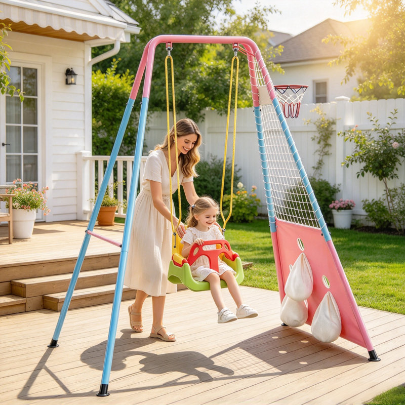 3-in-1 Toddler Swing Set with Basketball Hoop and Soccer Goals , Indoor/Outdoor Baby Swing with Foldable Metal Stand, Kids Swing Set for Backyard, Clear Instructions, Easy to Assemble & Store