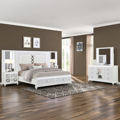 Ankara Modern Glam Upholstered Panel Bedroom Set with LED Headboard, LED Footboard, Mirror Top Nightstand, and Matching Case Pieces