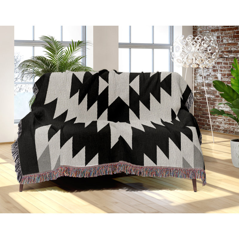 Jeté en mélange de coton Caca South Western, Noir/Blanc cassé, L 60 po x l 60 po