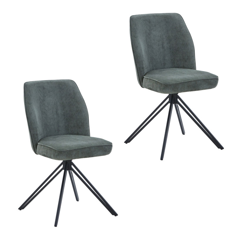 Pair of Aspen Swivel Dining Chairs, Green Cord Fabric With Black Metal Legs, Green