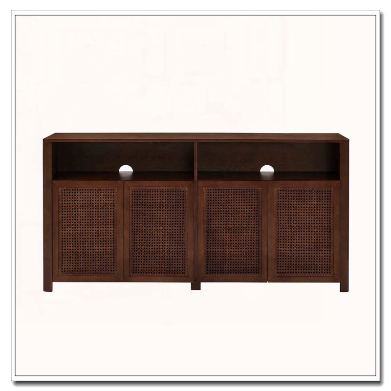Armoire 4 portes en rotin avec rangement, crédence de bar à vin rétro pour le salon / le vestibule / la cuisine, Noyer