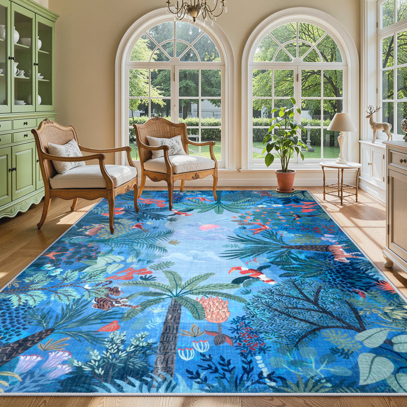 Tapis bleu lavable à motif animal de la jungle 9 x 12 pour le salon, tapis pour enfants doux pour la chambre à coucher, tapis de salle à manger antidérapant moderne, salle de jeux, chambre de bébé