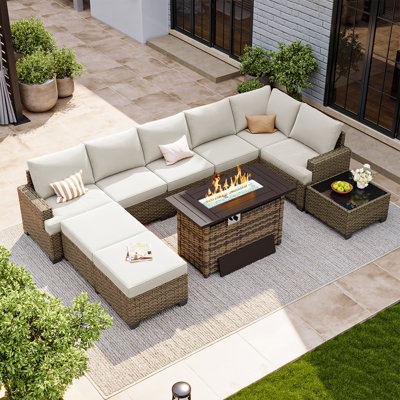 10-Piece Wicker Outdoor Patio Conversation Set, Modular Sofa Seating Group With Cushions & Fire Pit Table