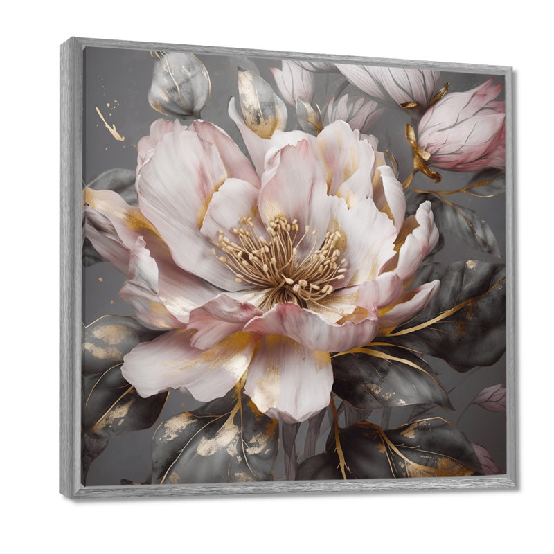 Rose et gris pivoines en fleurs III - pivoines, art mural, H 36 po x l 36 po, Encadrement argenté