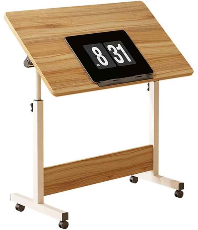Bureau debout à hauteur réglable, bureau mobile pliable avec roulettes, Naturel