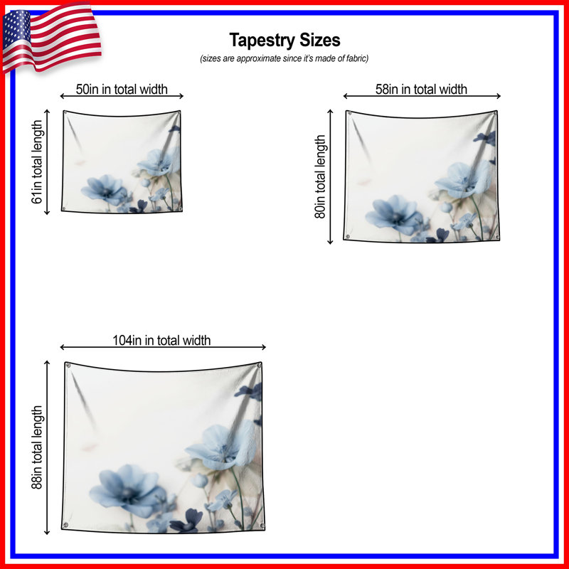 Tapisserie murale délicate fleurs bleues - Décoration murale florale, 68in H x80in W with 4 Grommets