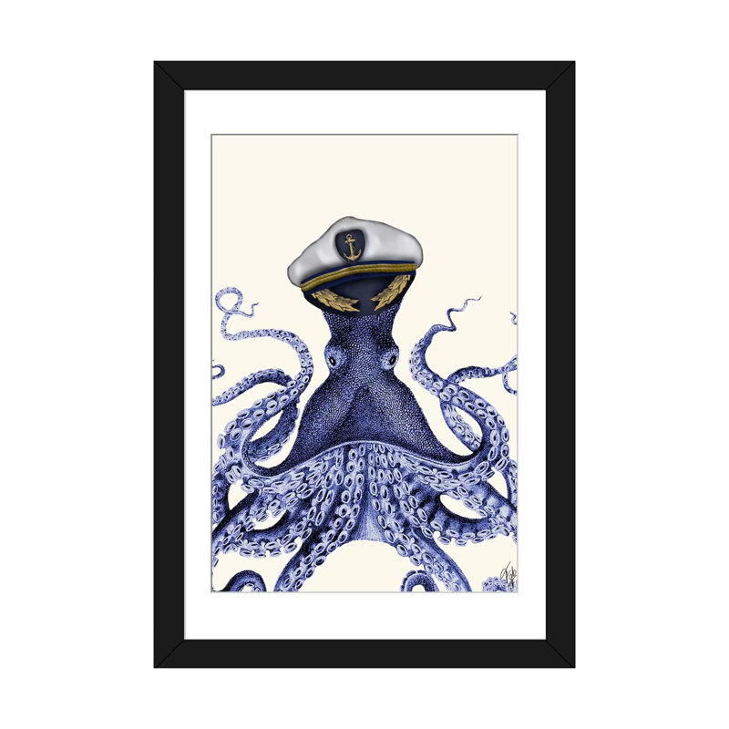 « capitaine octopus », impression sur toile tendue, Papier beaux-arts encadré noir, H 24 po x l 16 po x P 1 po, Blanc