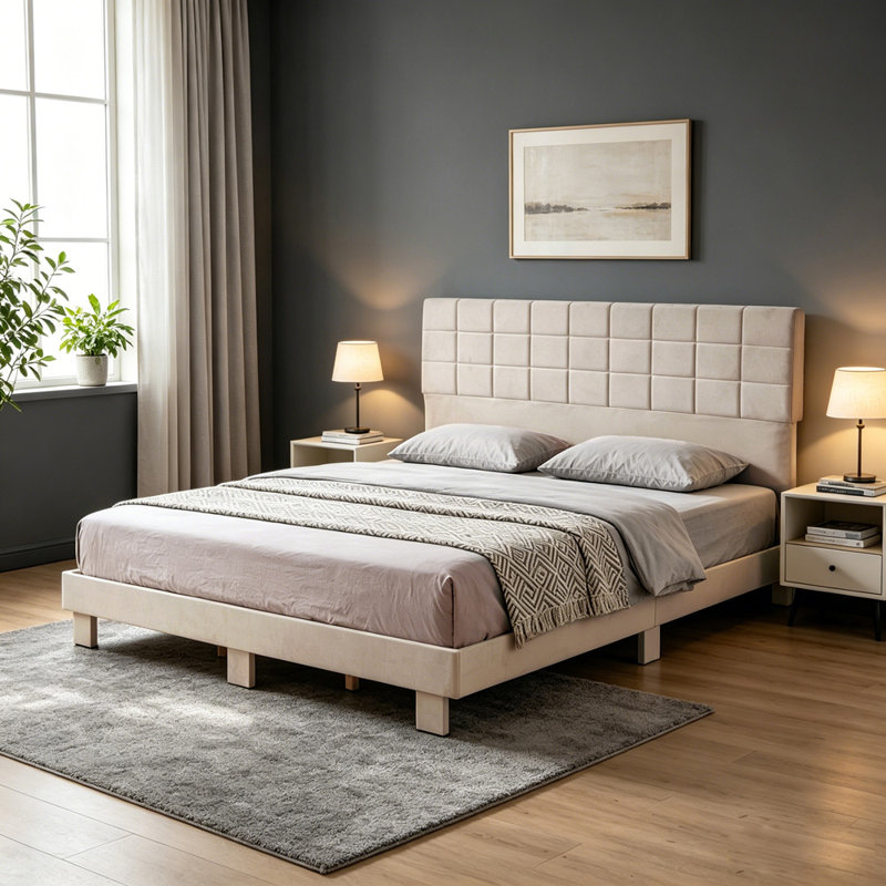 Lit plateforme tapissier, Bleu, Lin