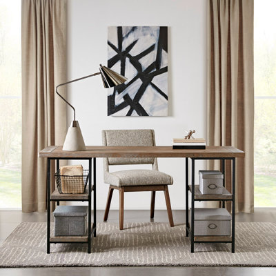 Stylish Reclaimed Wood Finish Desk With Black Metal Base And Ample Storage, Perfect For Modern Home Offices.