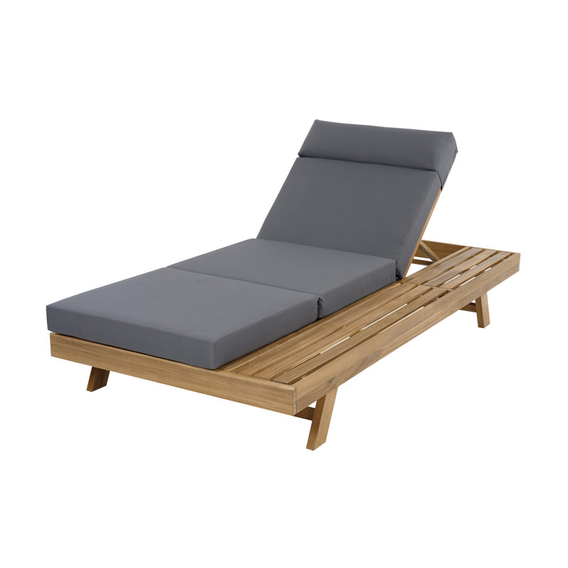 Lounge Chaise Set With Headrest, Space Available On One Side, Acacia Wood With Water-Resistant Lounge Cushions (3-Fold & 4 Inch)