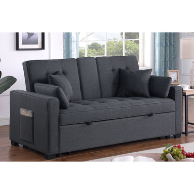 Canapé-lit convertible de 70 pouces avec lin gris foncé, console intégrée, porte-gobelets, poche latérale, siège à ressorts ensachés pour les invités réguliers, chargement par le bas, divertissement détendu