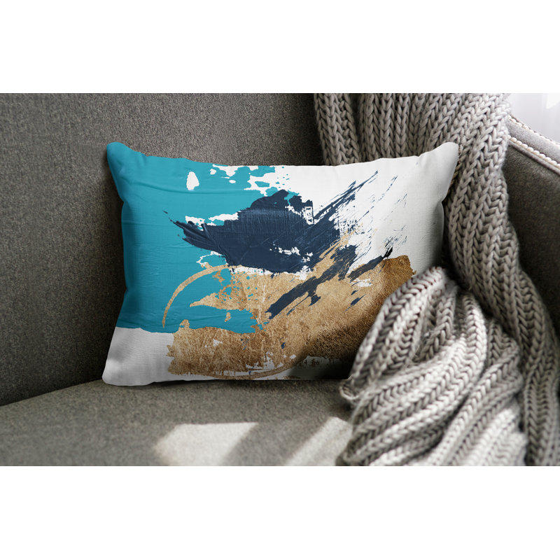 Coussin lombaire abstrait intérieur / extérieur, Turquoise / or / blanc