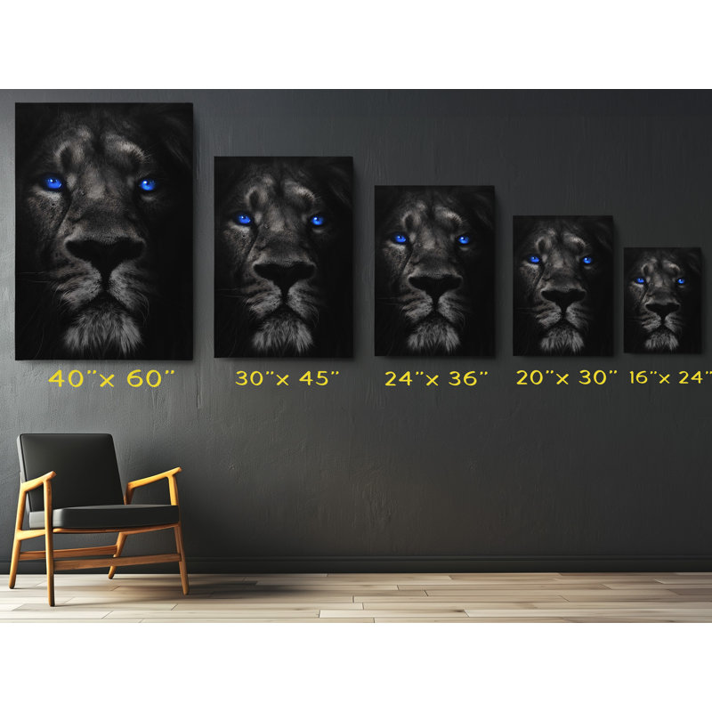 Lion noir aux yeux bleus, reproduction d'art sur toile, H 24 po x l 16 po