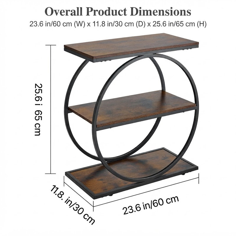 Table d'appoint à 3 niveaux avec structure métallique circulaire, style industriel moderne, faisant également office de table de chevet avec étagères de rangement ouvertes, couleur brun rustique.