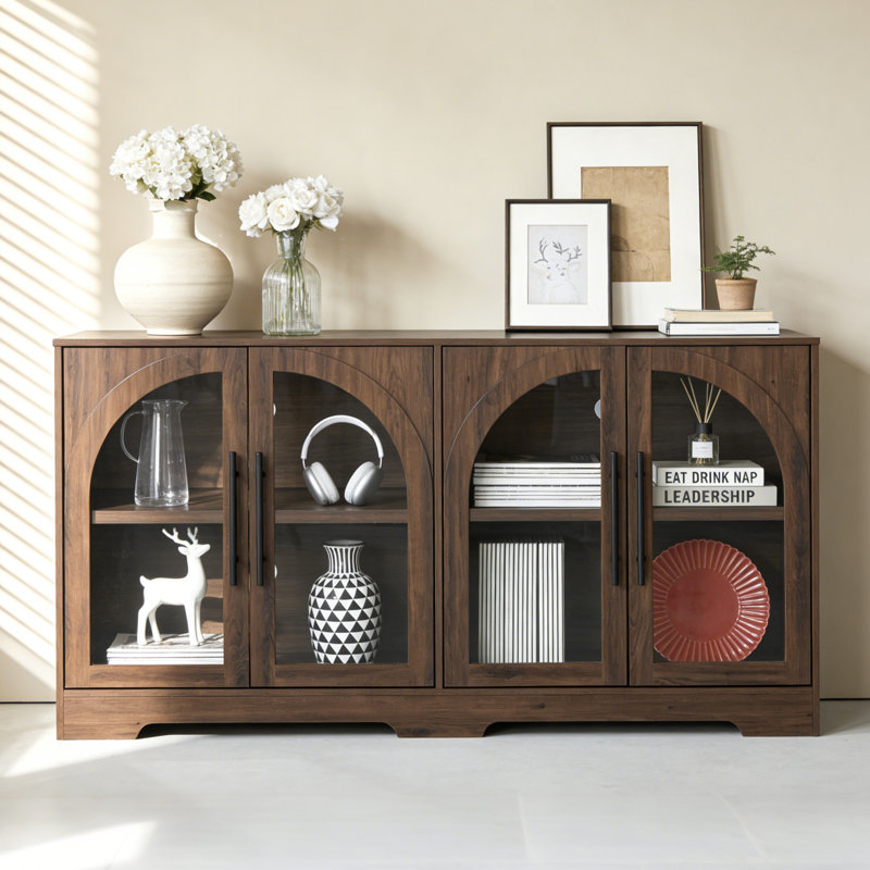 Buffet de 55 po de style rustique avec portes en verre arquées, buffet moderne avec rangement et tablettes réglables, pour la cuisine, le salon et le vestibule
