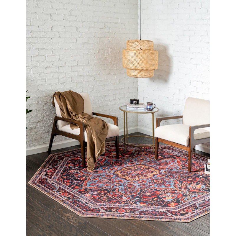 Tapis traditionnel oppi noir / bourgogne, Octogone 5 pi 1 po