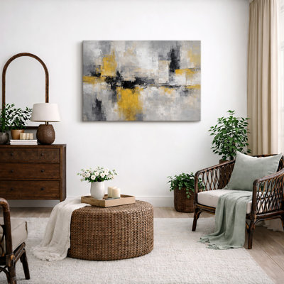 Abstract Gray Yellow Geometric Cityscape Artwork, Modern Living Room Pictures, Framed Canvas Giclee Print Wall Art