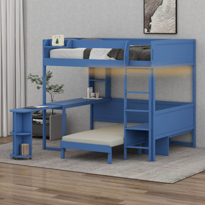 Full Size Loft Bed With Extendable Desk And Lights, Wood Loft Bed Frame With Storage Shelves & Padded Foldable Sofa