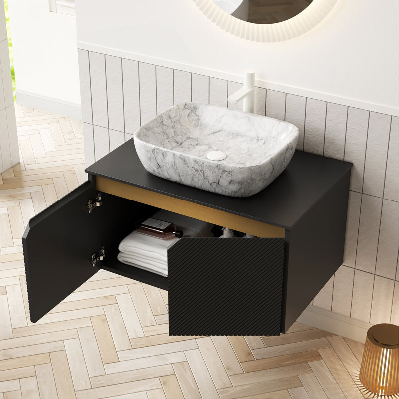 30" Bathroom Vanity&Sink, Wall-Mounted Floating Plywood Storage Cabinet, Twill Double Doors With Metal Trim, Marble Pattern Rectangle Ceramic Vessel Basin&Black Sintered Stone Top, Black