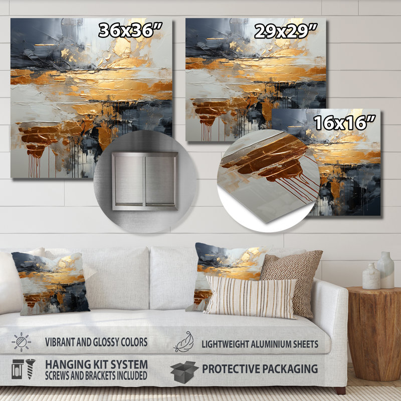 Or et gris, formes liquides modernes I - décoration murale abstraite en métal, H 36 po x l 36 po