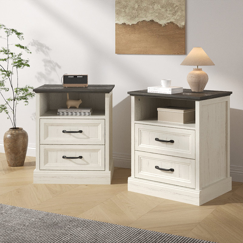 Farmhouse Nightstand With 2 Drawers, Wooden Bedside End Table Small Dresser For Bedroom, Living Room, White
